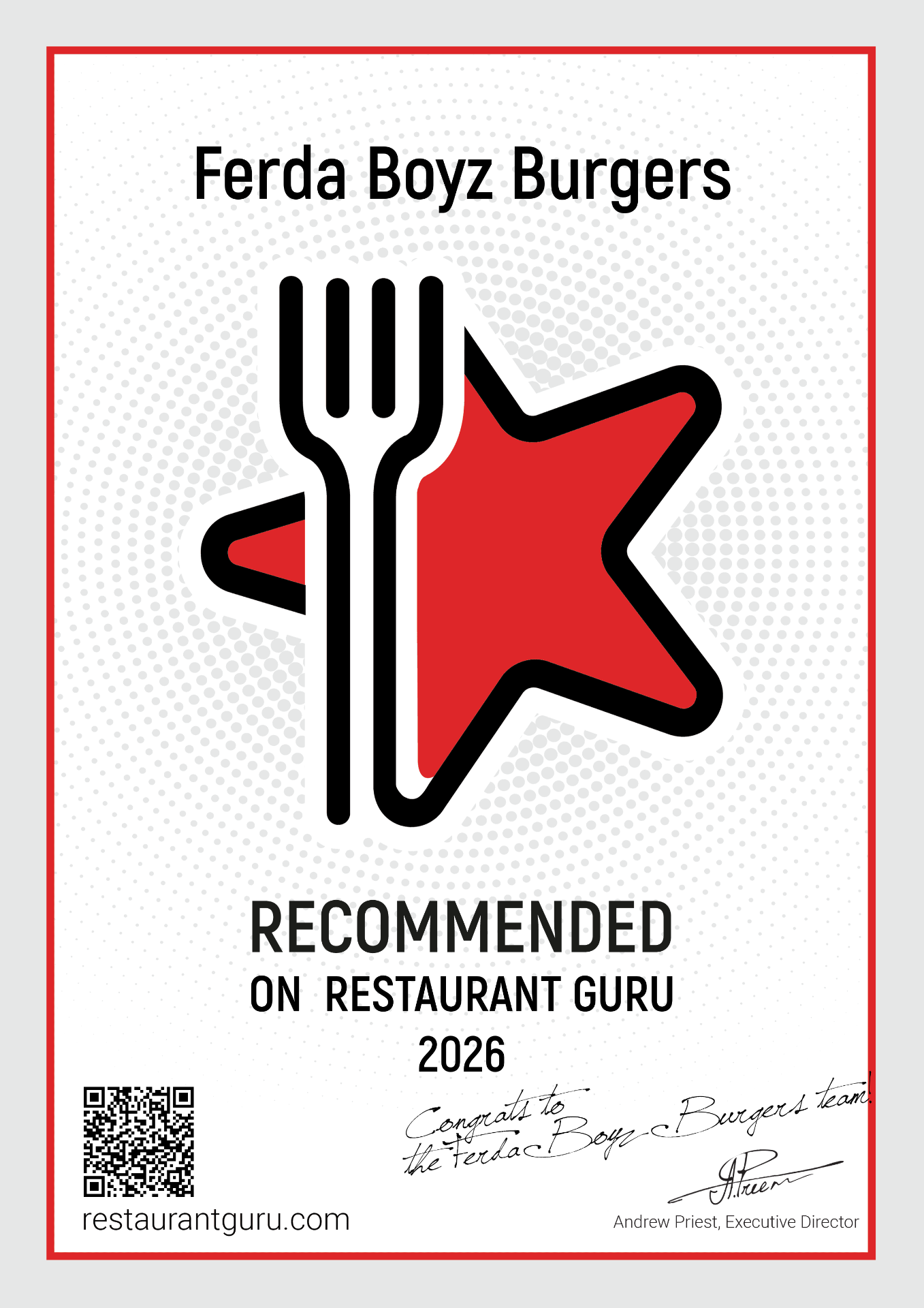 Ferda Boyz Burgers — Recommended on Restaurant Guru 2026 certificate